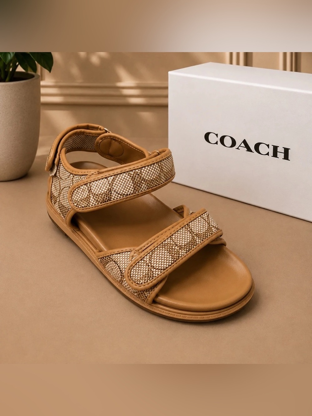 Coach Double Strap Sandal In Signature Brown & Tan